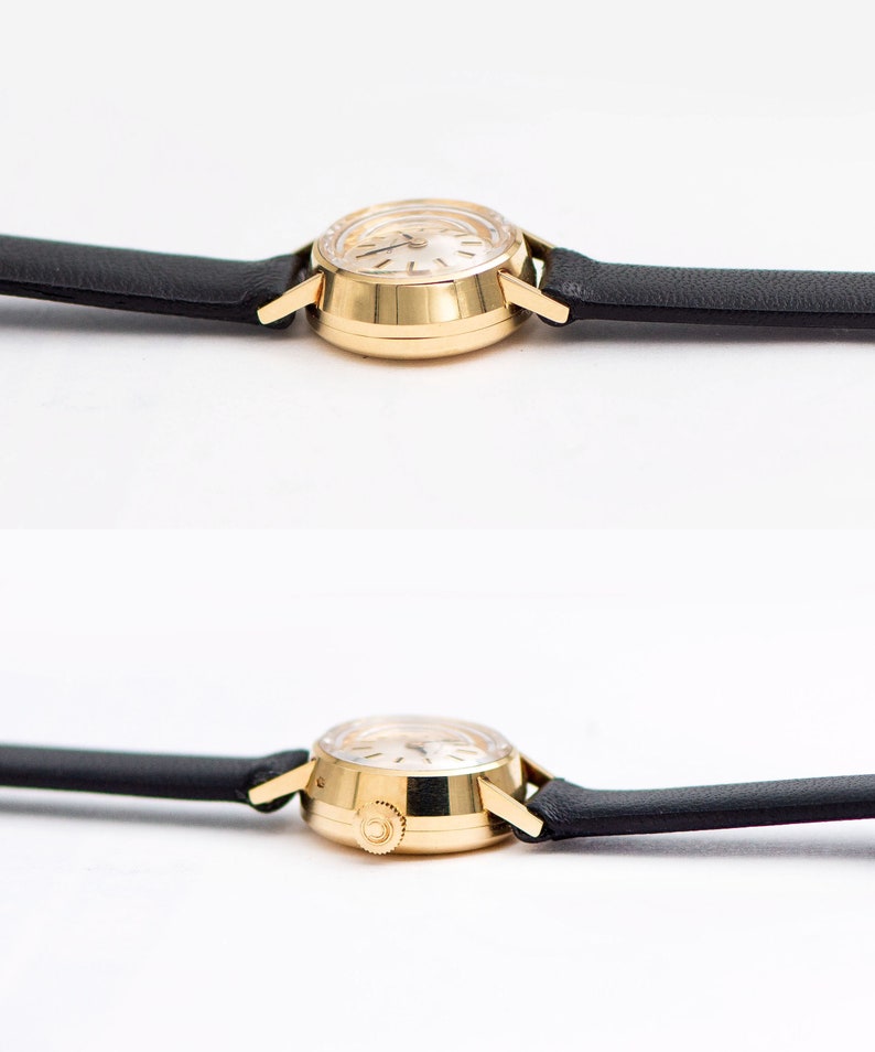 Montre Certina pour femme en or massif 14 carats, petite montre-bracelet pour femme, breloque des années 60, montre minimaliste bijoux pour fille, nouveau bracelet en cuir premium image 7