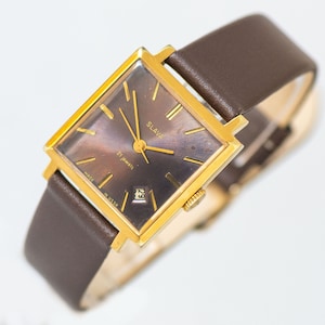 Square unisex watch chocolate brown Glory, gold plated watch for women, tomboy watch, boyfriend watch minimalist, new luxury leather strap