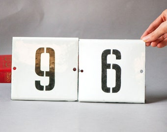 Vintage enamel metal signs numbers for house 66 or 99, retro house signs retro gift Russian black number white metal square plates set 2