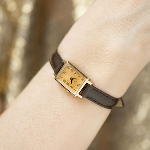 Women watch tank gold plated Ray unused vintage gift, lady watch rectangular Roman numerals yellow dial serviced watch genuine leather strap