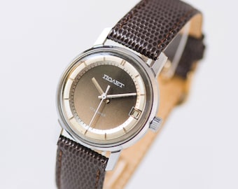 Faded grey men's wristwatch Poljot Flight, men's watch vintage, dress watch classic gray, boyfriend's watch gift, new premium leather strap