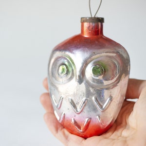 Owl Christmas glass ornament, pink green eyes bird on Christmas tree, New Year&#39;s ornament mid century thick glass Owl, very rare Noel bird