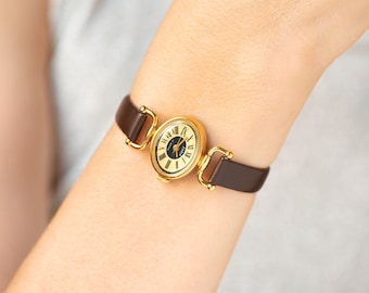 New old stock women&#39;s watch oval gold plated Dawn, ladies wristwatch Roman numerals, cocktail watch women yellow, new genuine leather strap