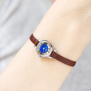 Mint condition women wristwatch small dial Seagull, Roman numerals blue micro watch for women silver shade vintage, new genuine leather band