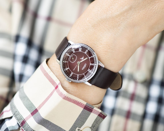 Vintage dark burgundy unisex wristwatch CORNAVIN Roman numerals tomboy watch dolphin dial watch for boyfriend New premium leather strap