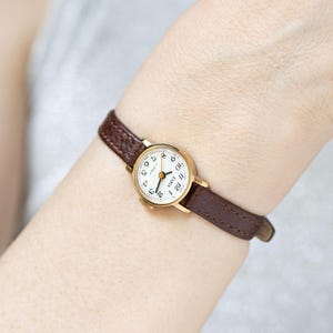 Small women's watch Dawn gold plated jewelry unused, vintage watch smallest Arabic numerals dial, premium leather strap new OneEraLate shop