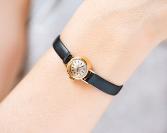 Solid gold 14K women's watch Certina, tiny lady wristwatch round 60s charm, minimalist watch girl's jewelry, new premium leather strap