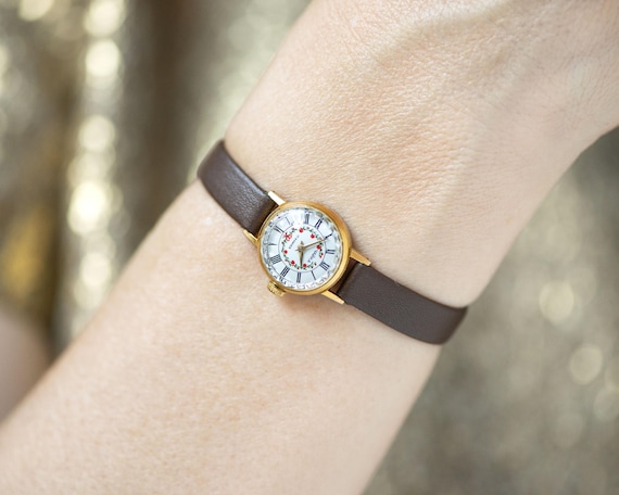 Small Floral Watch Women Seagull Vintage Gold Plated, Micro Watch