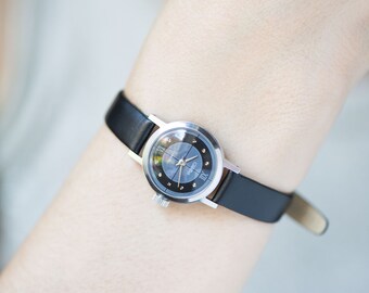 Unused women watch black grey dial silver dots vintage, delicate women watch Glory, small watch for women gift, new premium leather strap