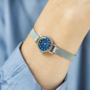 Navy blue women watch Seagull silver shade vintage, lady watch delicate jewelry gift, classic watch rare dial, new premium leather strap