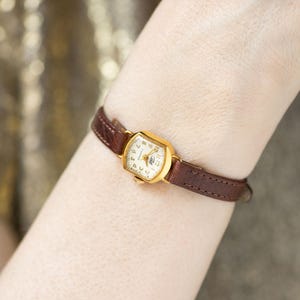 Dainty watch for women Dawn gold plated vintage gift, micro lady watch rectangular classic dial Arabic numerals, new premium leather strap
