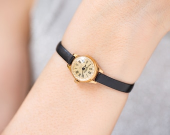 Unique lady wristwatch micro size Cornavin gold plated, women watch classic beige vintage, watch woman tiny gift, new premium leather strap