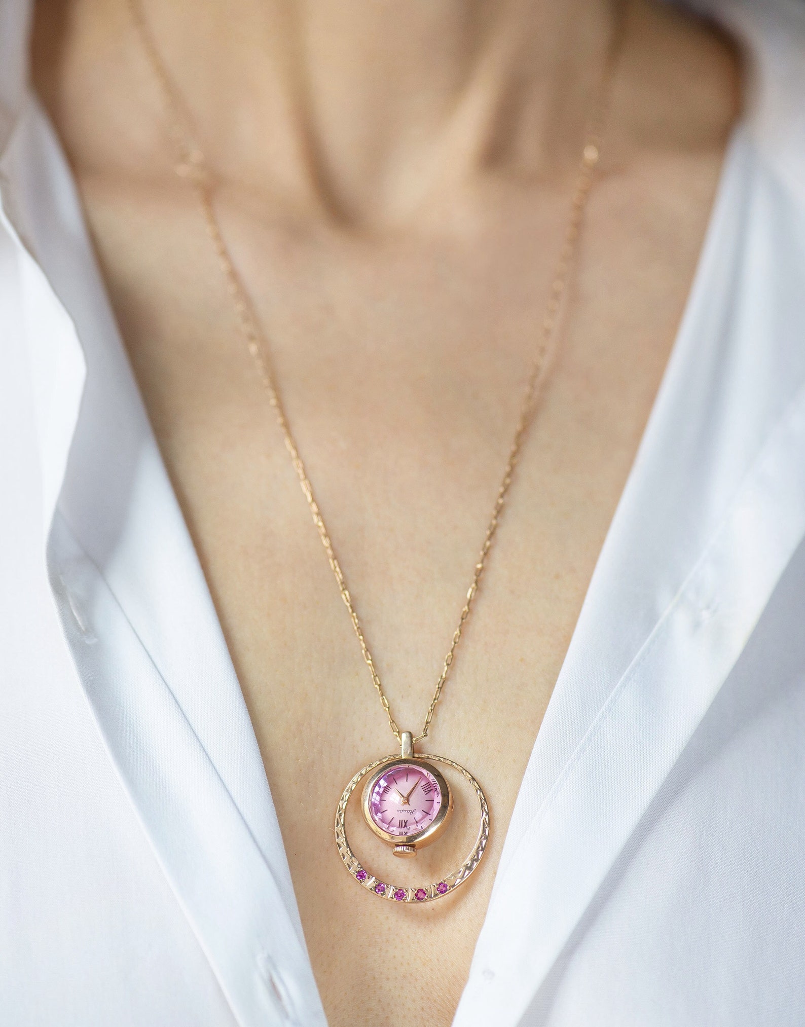 Solid Gold 14K Women Watch Necklace Nairi Pink Sapphires Trim Etsy