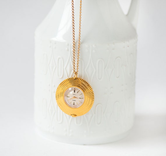 Vintage watch necklace Seagull gold plated pendan… - image 3