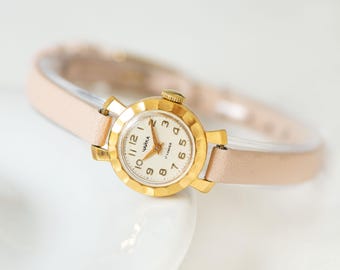 Delicate boho women's wristwatch gold plated floral case design, rare tiny 60s watch Seagull classic beauty gift, new premium leather strap