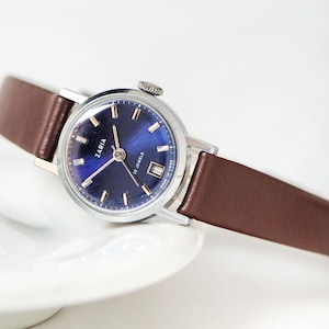 Navy blue dial women watch Dawn, classic women&#39;s watch vintage silver shade gift, minimalist watch date window, new luxury leather strap