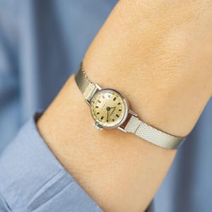 Cocktail watch women silver shade Seagull delicate case, authentic watch dainty beige dial minimalist, tiny sleek bracelet petite lady gift