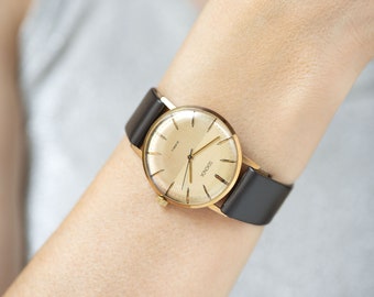 Vintage men's wristwatch Sekonda, demilune effect face watch gold plated, sleek men gent watch minimalist gift, new premium leather strap