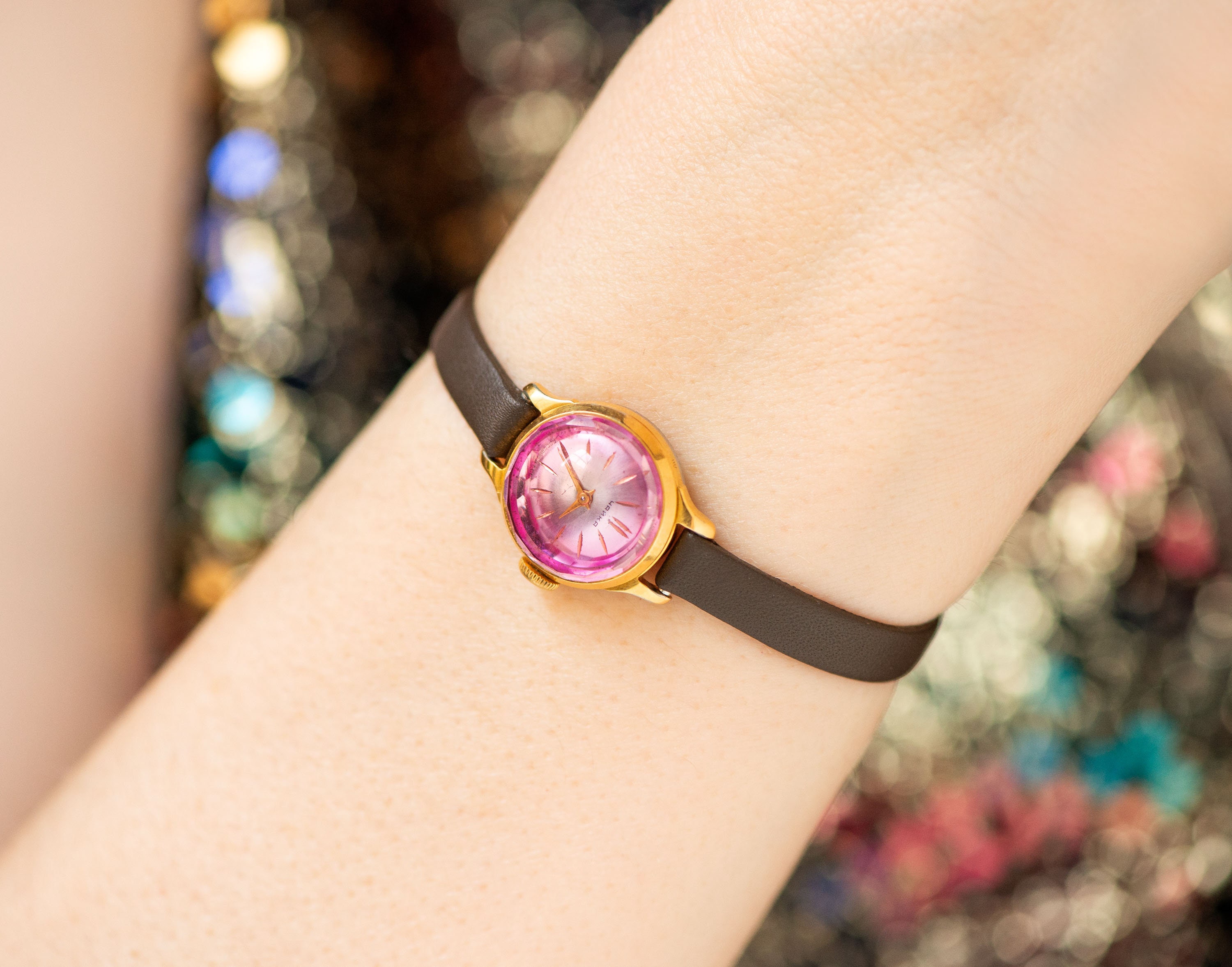 Rare women wristwatch Seagull gold plated, pink angular cover chic watch  jewelry gift, micro watch small wrist, new genuine leather strap