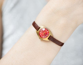 Sunburst case women watch red gold plated, women wristwatch limited edition Seagull, vintage rare design watch tiny gift, new leather strap