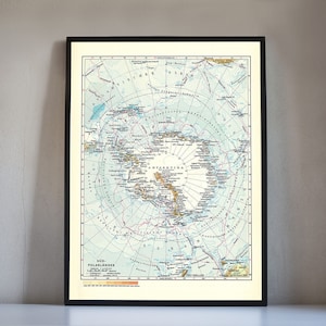 Impresión digital de la Antártida, mapa del Polo Sur de mediados de siglo, mapa geográfico del Polo Sur en alemán, mapa mural de Südpol Antarktika para interiores.