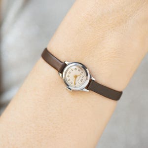 Very rare women&#39;s watch Volga silver shade vintage 1960s, minimalist lady&#39;s wristwatch tiny small timepiece wrist accessory, leather strap