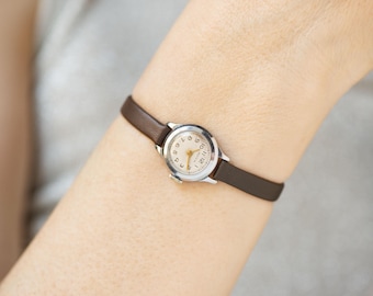 Very rare women&#39;s watch Volga silver shade vintage 1960s, minimalist lady&#39;s wristwatch tiny small timepiece wrist accessory, leather strap