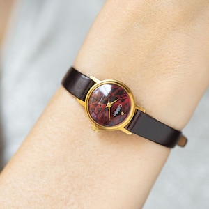 Limited edition women watch burgundy wild cat pattern dial, vintage lady watch Glory gold plated jewelry gift lady, new genuine leather band