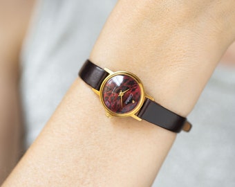 Limited edition women watch burgundy wild cat pattern dial, vintage lady watch Glory gold plated jewelry gift lady, new genuine leather band