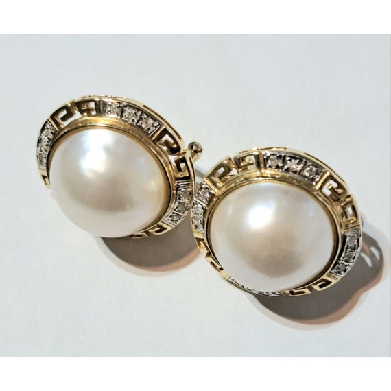 ESTATE 14K Gold Greek Key Mabe Pearl & Diamond Ea… - image 7