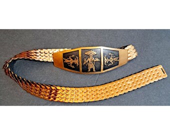 Chambers Copper Sunface Buckle & Navajo Indian Village Trading Post Belt 30-32 Vintage Chambers Antique Copper Aztec Sun God Rectangular  main image 2