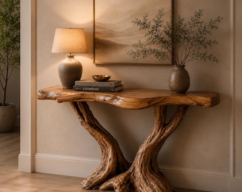 Mesa consola artesanal con borde natural / Mesa de entrada de madera natural / Decoración rústica moderna