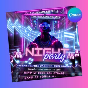 May include: A vibrant flyer for a night party, featuring a neon design with a person wearing futuristic glasses. The words "NIGHT party" are prominently displayed, along with the date and time. The flyer includes the text "YOUR CLUB NAME PRESENTS".