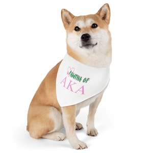 May include: A Shiba Inu dog wearing a white bandana. The bandana has the text "PAWTNA OF AKA" in pink and green lettering. The dog is sitting on a white background.