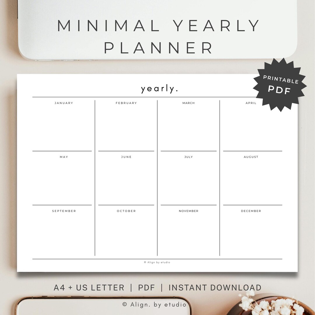 Minimalist Yearly Planner Printable, Undated Year at a Glance (digital Download A4/letter Size ...