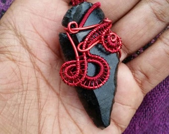 Red Wirewrapped Obsidian Arrowhead Pendant