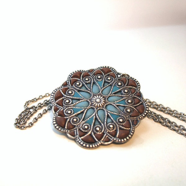 Big pendant,silver medallion , flower mandala, blue and brown, earth and sky, filigree enamel jewelry