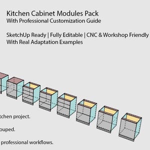 Pode incluir: Ilustração 3D de módulos de armários de cozinha com texto: "Kitchen Cabinet Modules Pack" e "SketchUp Ready". Os módulos são em azul claro e cinza. Alguns módulos têm prateleiras abertas, projetados para personalização.