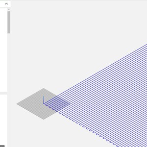 May include: A computer screen displays lines of code and a 3D rendering of a geometric pattern. The code is on the left, and the pattern is on the right. The pattern consists of parallel blue lines on a gray background.