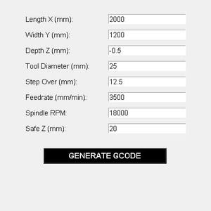 May include: A computer screen displays the "Surface Tool Generator" interface. The interface includes fields for Length, Width, Depth, Tool Diameter, Step Over, Feedrate, Spindle RPM, and Safe Z, with numerical values. A black button reads "GENERATE GCODE".