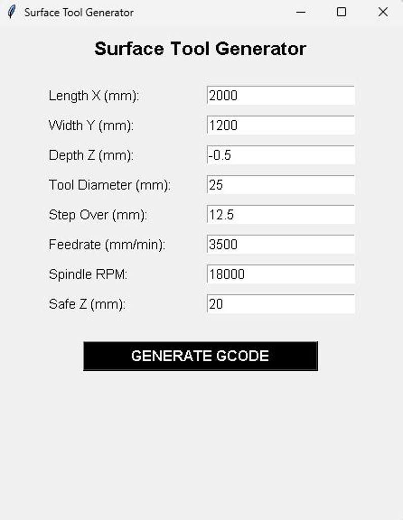 May include: A computer screen displays the "Surface Tool Generator" interface. The interface includes fields for Length, Width, Depth, Tool Diameter, Step Over, Feedrate, Spindle RPM, and Safe Z, with numerical values. A black button reads "GENERATE GCODE".