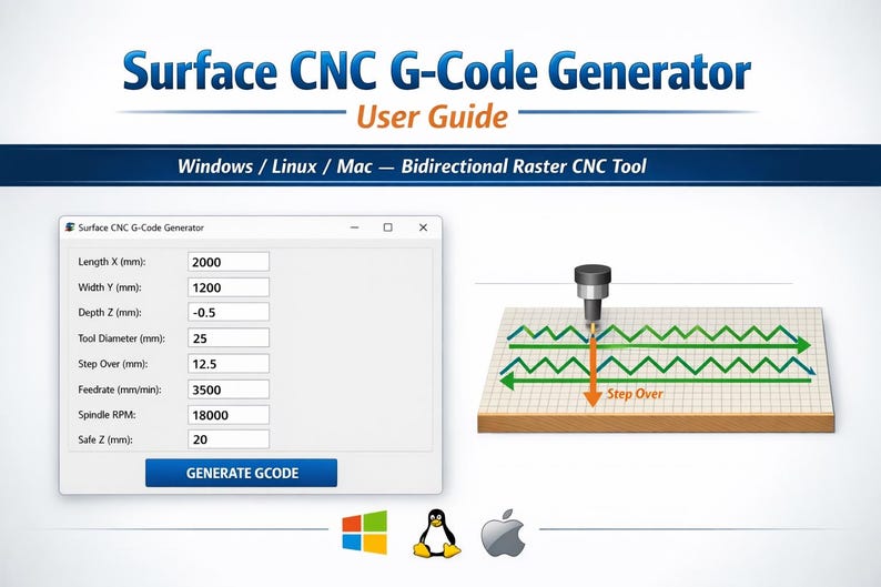 May include: A digital user guide for a Surface CNC G-Code Generator. The guide includes a software interface with numerical inputs and a diagram illustrating the CNC process. The text reads "Surface CNC G-Code Generator" and "User Guide".