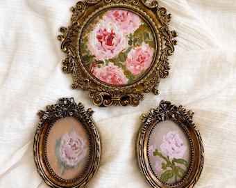 Bundle of 3 Original Roses Oil Painting, Gold Framed Art, Handmade Vintage Decor