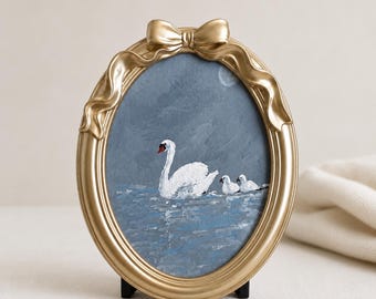Origineel olieverfschilderij van de familie Zwaan, handgeschilderde kunst in een gouden vintage 5 x 7 in lijst