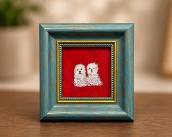 Handgeschilderd portret van witte Maltese honden, origineel 4 x 4 olieverfschilderij, groenblauw vintage frame