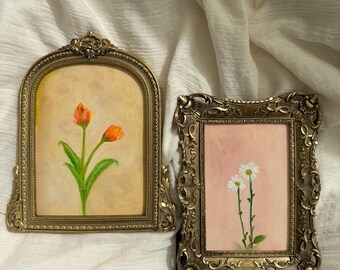 Set van 2 originele bloemenolieverfschilderijen, samen bloeiend, vintage botanisch decor