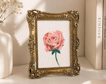 Original Pink Rose Oil Painting in Vintage Ornate Gold Frame, Romantic Cottagecore Decor