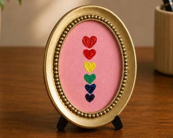 Pintura al óleo original Corazones Arcoíris, Mini Arte de Pared de Amor, Decoración del Orgullo enmarcada