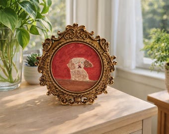 Olieverfschilderij kleine pup: hondenportret in sierlijke lijst - vintage stijl, origineel handschilderij 4 x 4