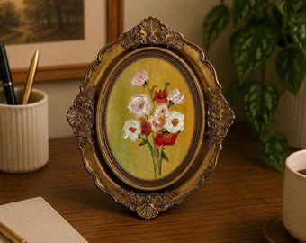 Origineel olieverfschilderij wilde bloemen in een vintage gouden lijst